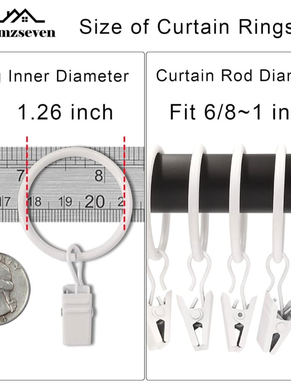40 Pack Curtain Rings with Clips, Drapery Clips with Rings, Drapes Rings 1.26 in - Picture 3 of 7